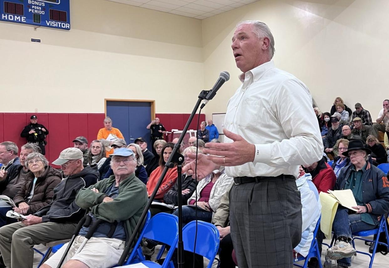 Dr. Eric Dickson, president and CEO of UMass Memorial Health, spoke at the hearing on the proposed horse center in Hardwick.