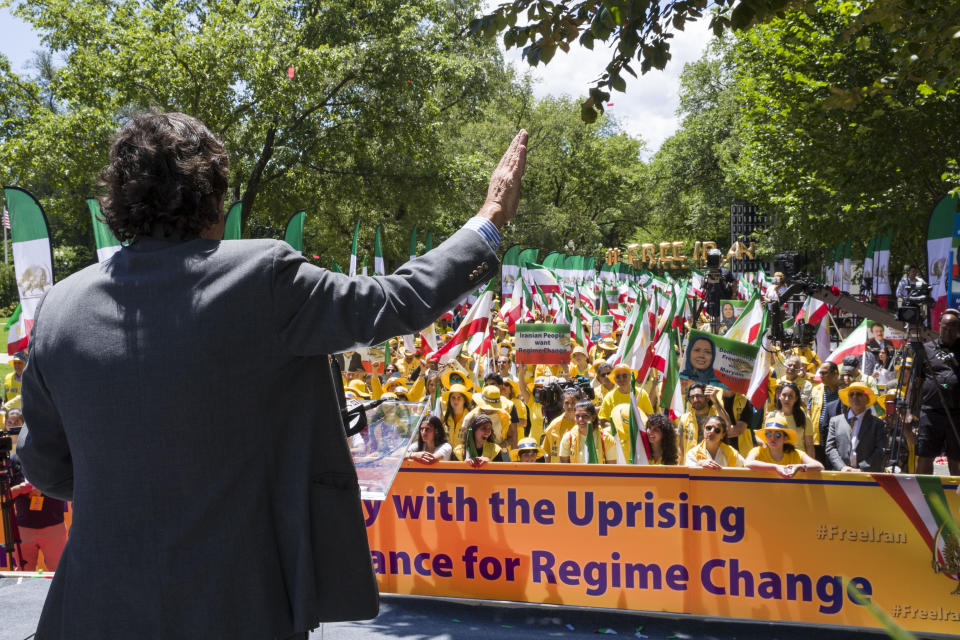 Former U.N. Ambassador and New Mexico Gov. Bill Richardson, speaks to activists gathered at the State Department before a march to the White House to call for regime change in Iran, Friday, June 21, 2019, in Washington. (AP Photo/Alex Brandon)