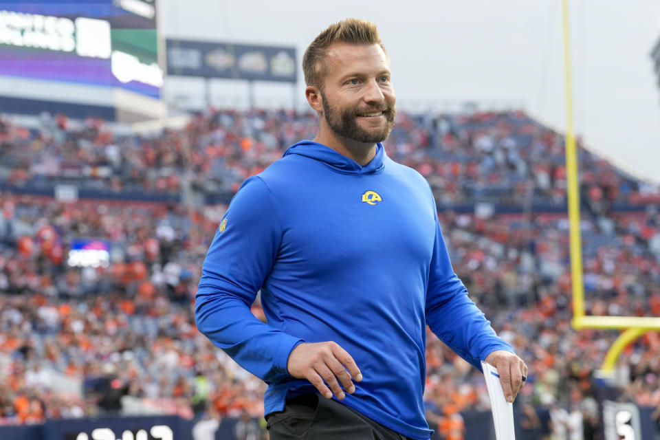 Los Angeles Rams head coach Sean McVay arrives for an NFL preseason football game against the Denver Broncos on Saturday, Aug. 26, 2023, in Denver. (AP Photo/David Zalubowski)