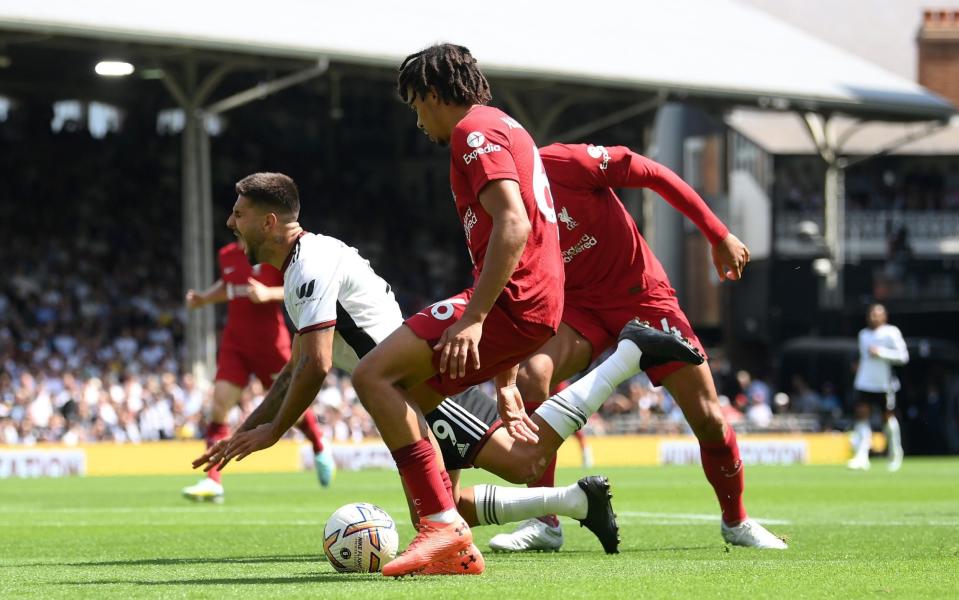 Aleksandar Mitrovic of Fulham is fouled whilst being challenged by Virgil van Dijk  - Getty Images