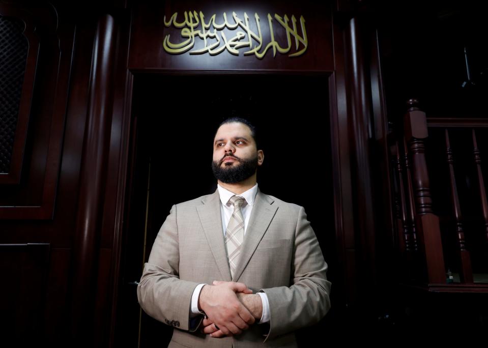 Imran Salha, the imam of the Islamic Center of Detroit, inside the mosque on Feb. 9, 2024.