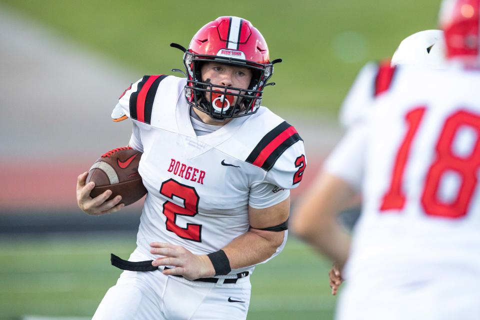 Borger Bulldog’s Logan Gray runs the ball during a game against the Palo Duro Don’s on Thursday, September 16, 2021 at Dick Bivins Stadium in Amarillo, TX.