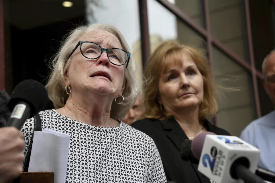 Jean Hargadon Wehner speaks about the release of the redacted report on child sexual abuse in the Catholic Archdiocese of Baltimore by the Maryland Attorney General's Office on Wednesday, April 6, 2023, in Baltimore. Standing next to her is Teresa Lancaster. (Kim Hairston/The Baltimore Sun via AP)