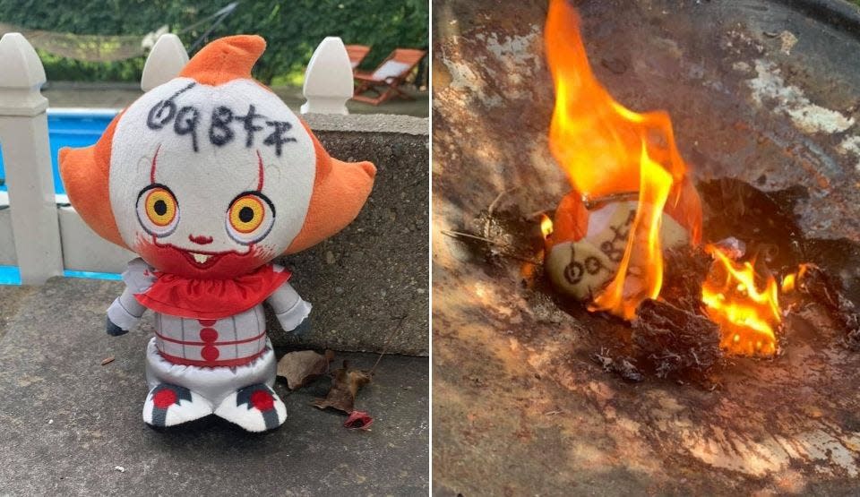 Police wouldn't touch the Pennywise doll that landed Renee Jensen's yard, so she burned it.