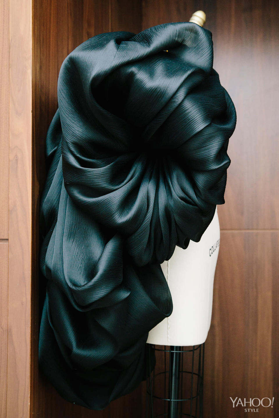 A closeup of a black silk pouf before it was attached to one of the finale dresses.
