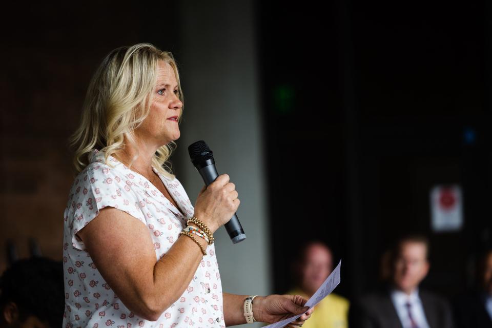 Robyn Ivins, founder of the Cottonwood High School food pantry, speaks during a groundbreaking event for a teen resource center at Cottonwood High School in Murray on Thursday, June 1, 2023. | Ryan Sun, Deseret News
