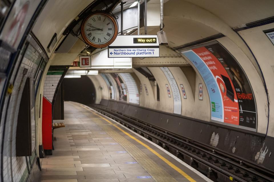 <p>An empty Northern Line platform at Kennington station</p> (PA)