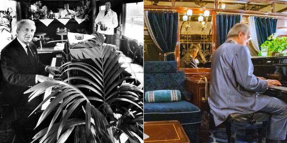 Two photos of pianists playing in luxury bar cars. Left is black and white, right is inn color
