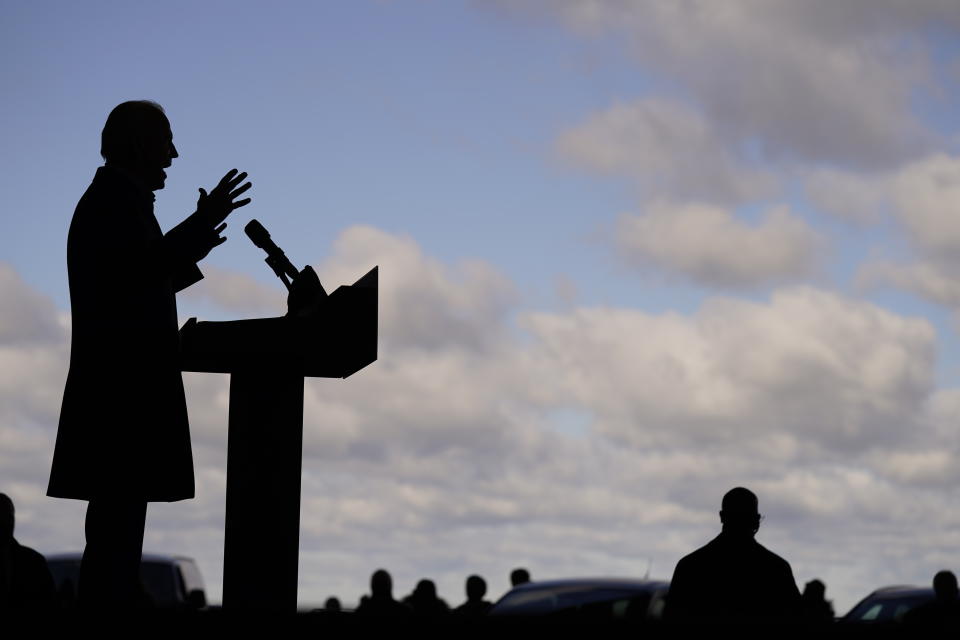 \File-This Monday, Nov. 2, 2020 file photo shows Democratic presidential candidate former Vice President Joe Biden speaking at a rally at Cleveland Burke Lakefront Airport, in Cleveland. Republican Donald Trump's second decisive victory in Ohio has put the traditional bellwether's status as a must-win battleground state in doubt. Biden's victory will make him the first president elected without carrying Ohio since JFK in 1960. (AP Photo/Andrew Harnik, File)