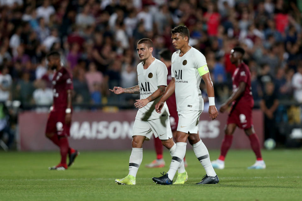 METZ, FRANCE - AUGUST 30: Marco Verratti of Paris Saint-Germain and Thiago Silva of Paris Saint-Germain looks on during the Ligue 1 match between FC Metz and Paris Saint-Germain at Stade Saint-Symphorien on August 30, 2019 in Metz, France. (Photo by TF-Images/Getty Images)