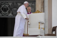 Pope Francis arrives in St. Peter's Square at the Vatican for the participants into the World Meeting of Families in Rome, Saturday, June 25, 2022. The World Meeting of Families was created by Pope John Paul II in 1994 and celebrated every three years since then in different cities. (AP Photo/Andrew Medichini)