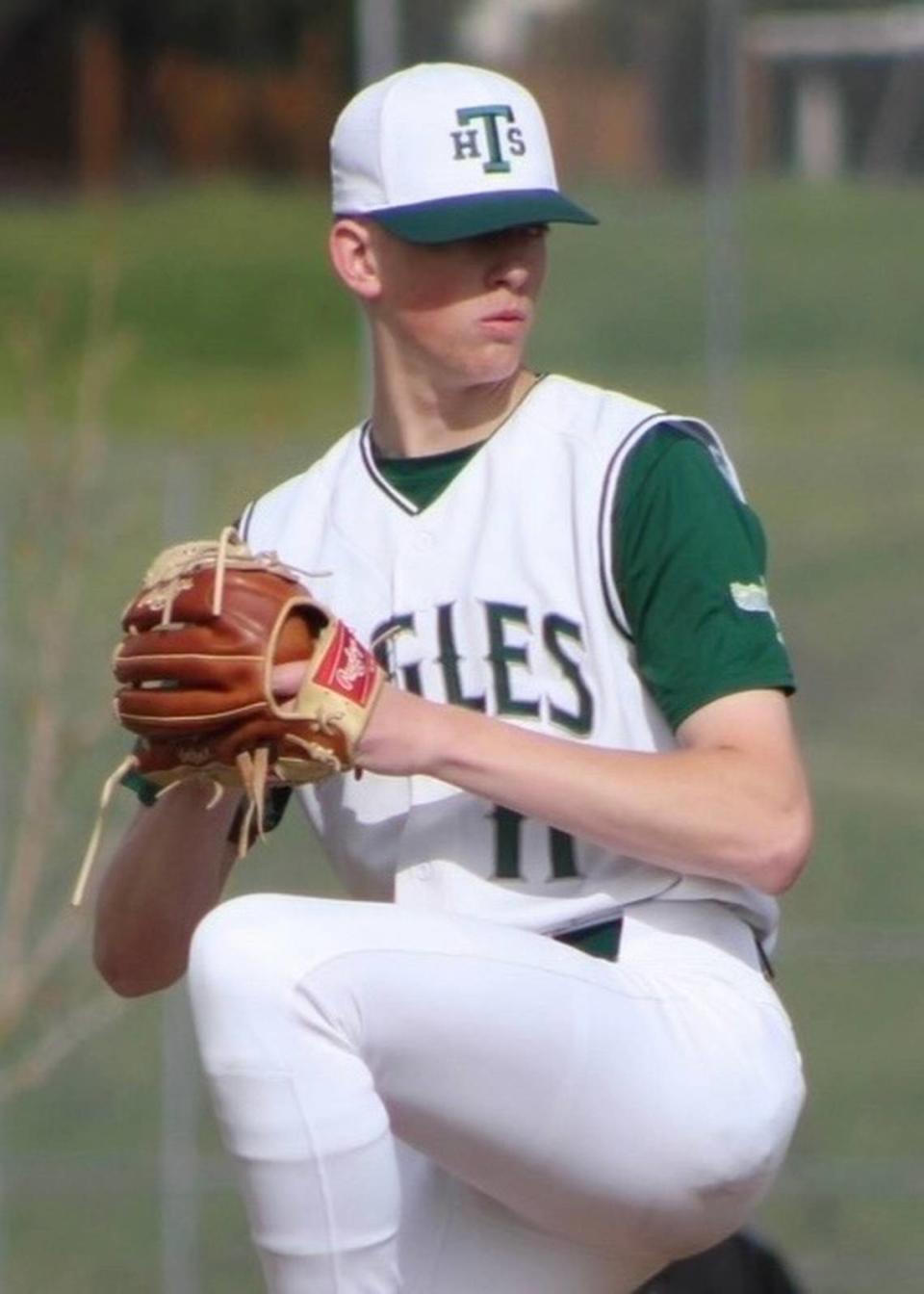 Templeton graduate Quincy Winkler throws a pitch for the Eagles. Winker, a 6-foot-7 right-hander, will play baseball at Cal Poly next year.