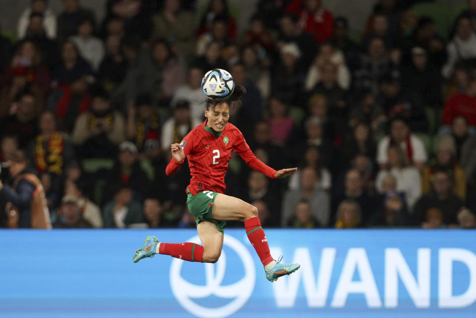 Morocco's Zineb Redouani heads the ball during the Women's World Cup Group H soccer match between Germany and Morocco in Melbourne, Australia, Monday, July 24, 2023. (AP Photo/Hamish Blair)