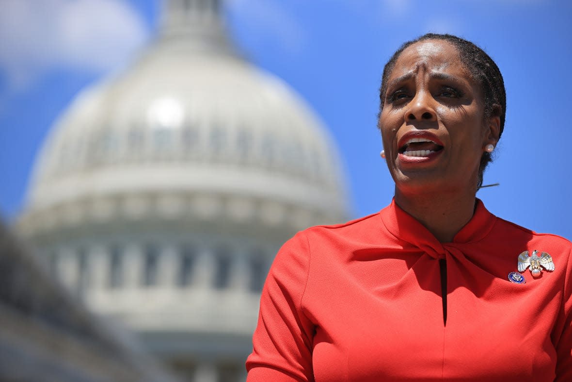 Del. Stacey Plaskett, D-Virgin Islands, speaks during a news conference with fellow New Democrat Coalition members on May 19, 2021, outside the U.S. Capitol in Washington, D.C. Plaskett served as an impeachment manager in Trump’s second impeachment trial in February 2021. (Photo by Chip Somodevilla/Getty Images)