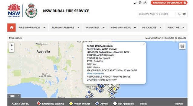 Information about the fire at Abermain as listed at 4.38pm on the NSW Rural Fire Service website