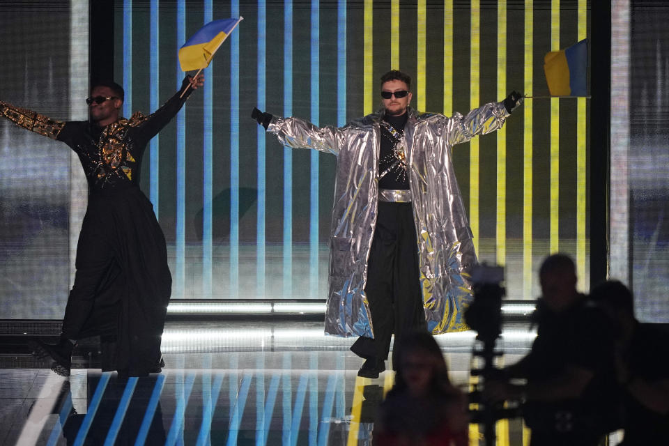 Tvorchi of Ukraine during the flag ceremony before during the Grand Final of the Eurovision Song Contest in Liverpool, England, Saturday, May 13, 2023. (AP Photo/Martin Meissner)