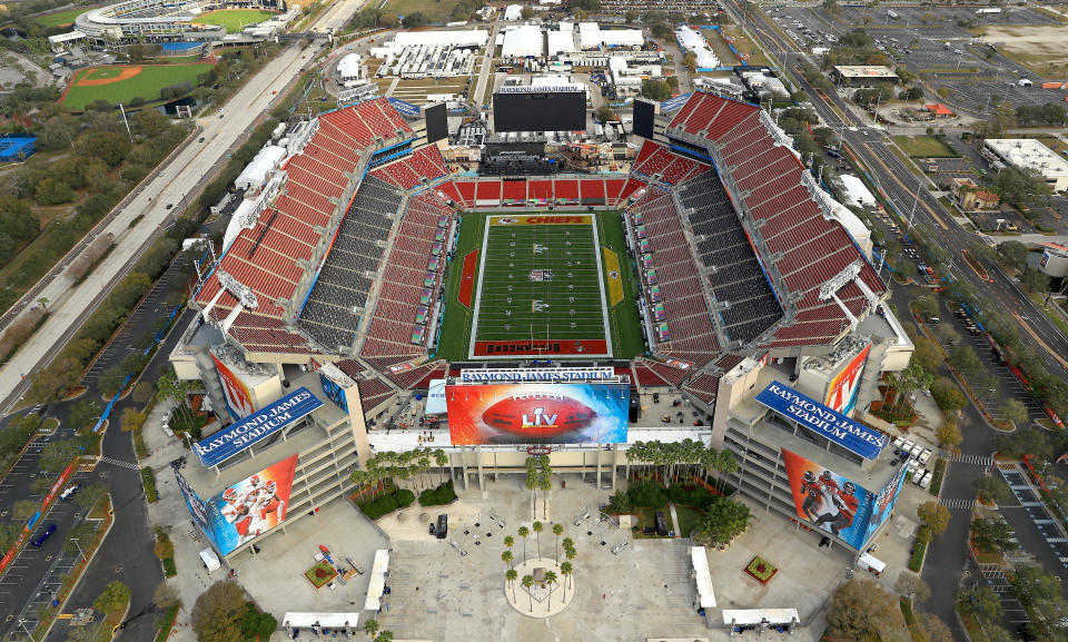 TVista aérea del estadio Raymond James antes el Super Bowl LV en Tampa, Florida. (Mike Ehrmann/Getty Images)