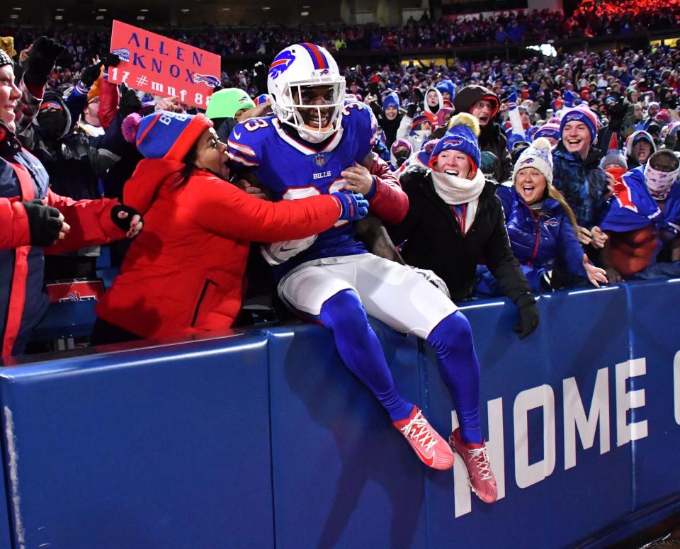 Dec 6, 2021; Orchard Park, New York, USA; Buffalo Bills defensive back Siran Neal (33) jumps into the stands after recovering a fumble by the New England Patriots on a punt in the first quarter at Highmark Stadium. Mandatory Credit: Mark Konezny-USA TODAY Sports