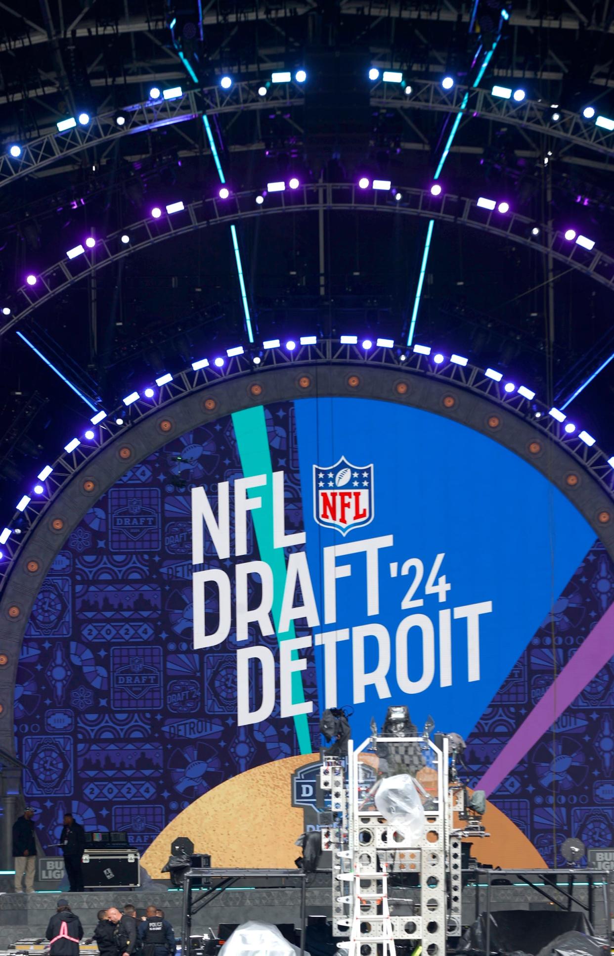 The main stage as work goes on at the NFL Draft Theater near Campus Martius in Detroit on Tuesday, April 23, 2024.