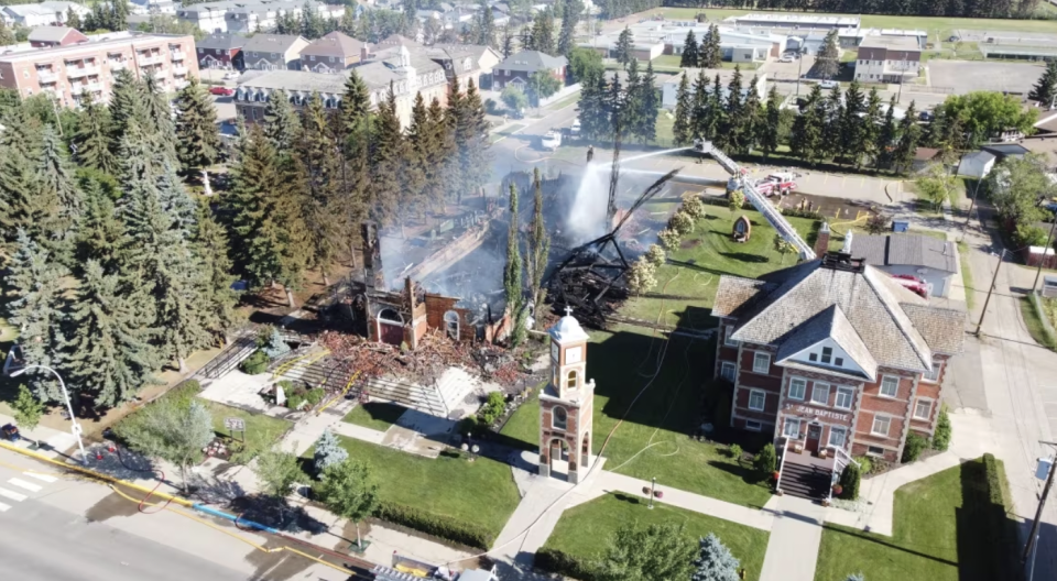 The June 2021 fire that destroyed the St. Jean Baptiste church in Morinville, Alta., is being investigated as arson. (David Bajer/CBC)