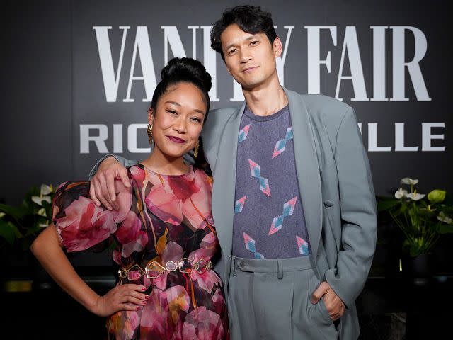 <p>Presley Ann/Getty</p> Shelby Rabara and Harry Shum Jr. arrive at a private cocktail party honoring A24's "Everything Everywhere All at Once"