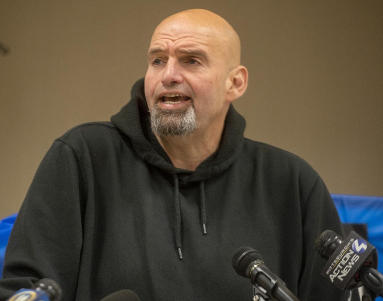 Lt. Gov. John Fetterman speaks at a workers rally, Thursday, Oct. 6, 2022 in Monaca, Pa.