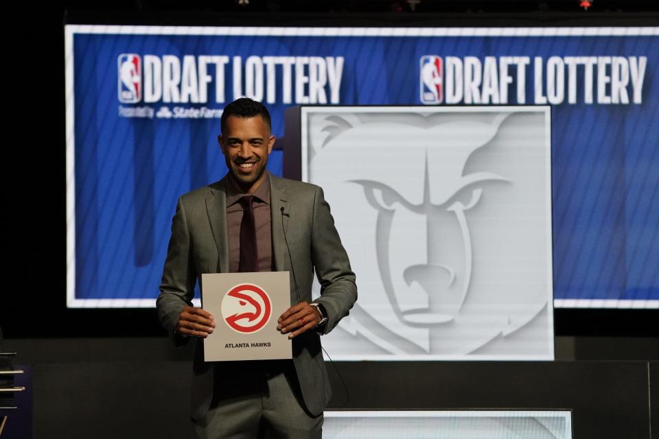 May 12, 2024; Chicago, IL, USA; Atlanta Hawks general manager Landry Fields after the Hawks get the number one pick in the 2024 NBA Draft Lottery at McCormick Place West. Mandatory Credit: David Banks-USA TODAY Sports