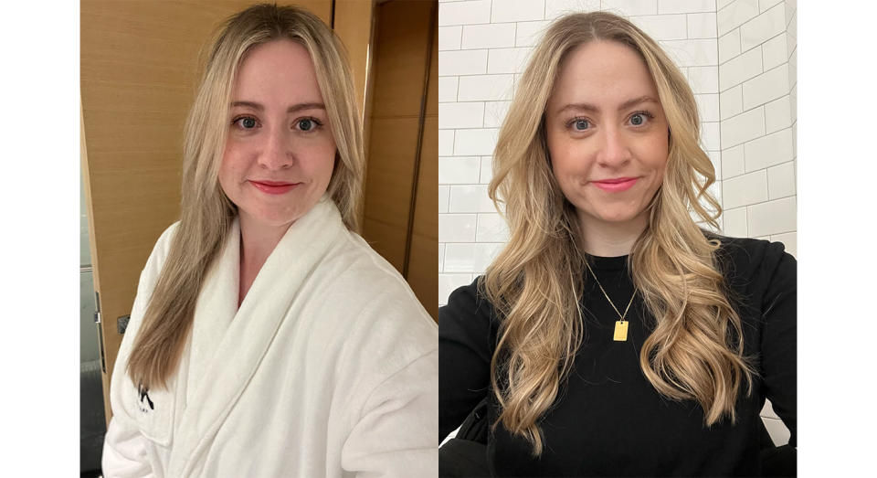 Before and after using the BaByliss 9000 Cordless Waving Wand. (Yahoo Life UK)