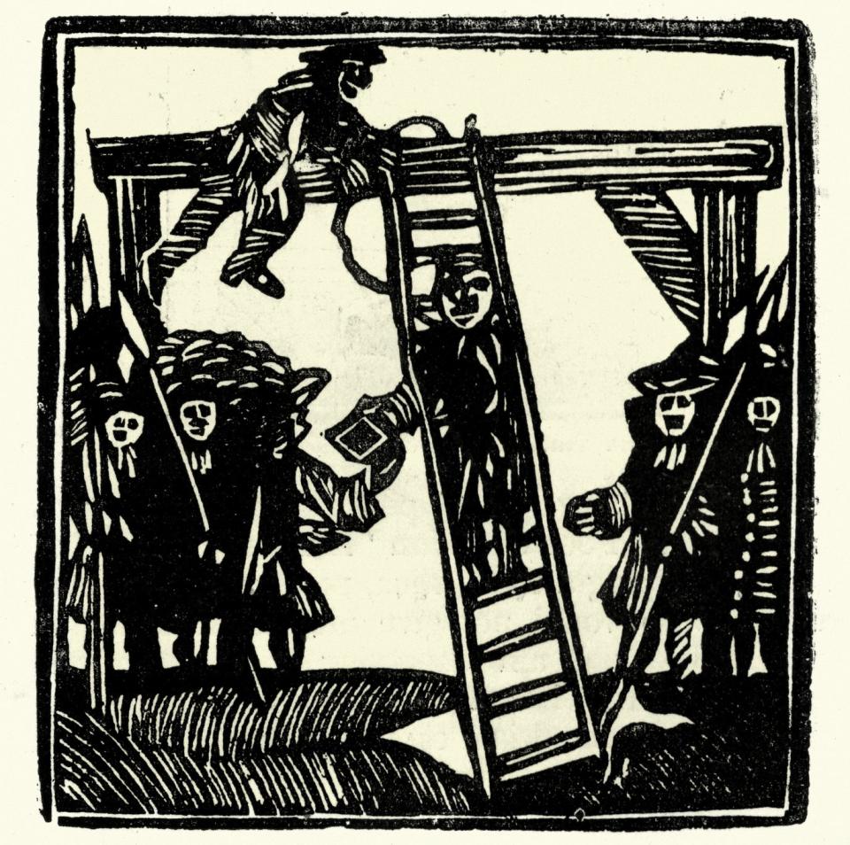 Rendering of a hanging taking place