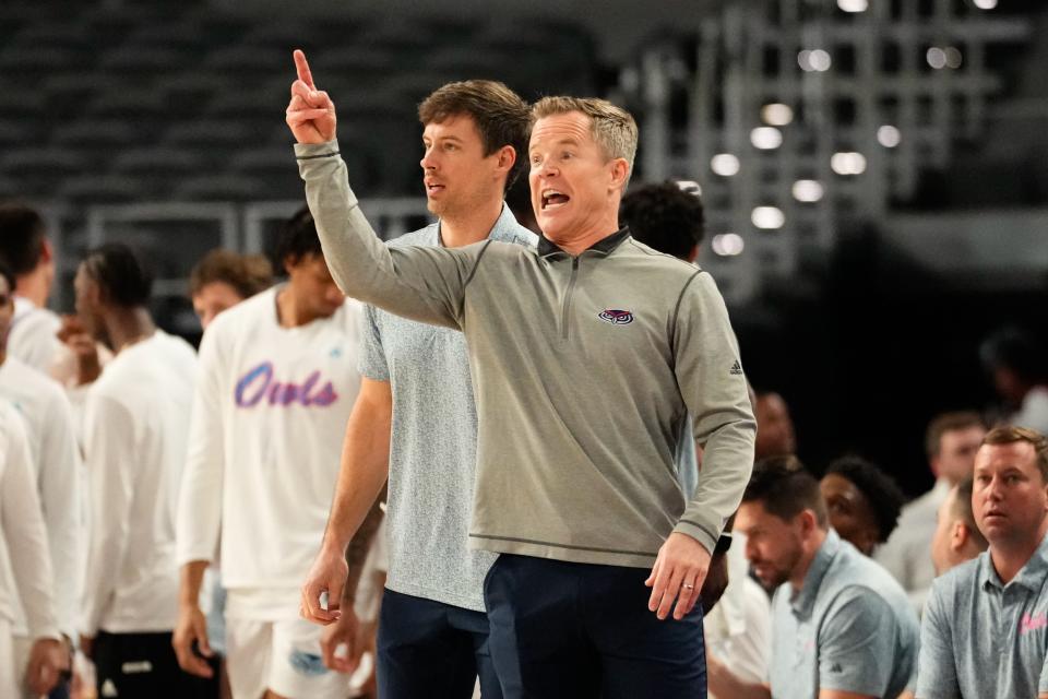 Mar 16, 2024; Fort Worth, TX, USA; Florida Atlantic Owls head coach Dusty May calls a play Temple Owls during the first half at Dickies Arena. Mandatory Credit: Chris Jones-USA TODAY Sports