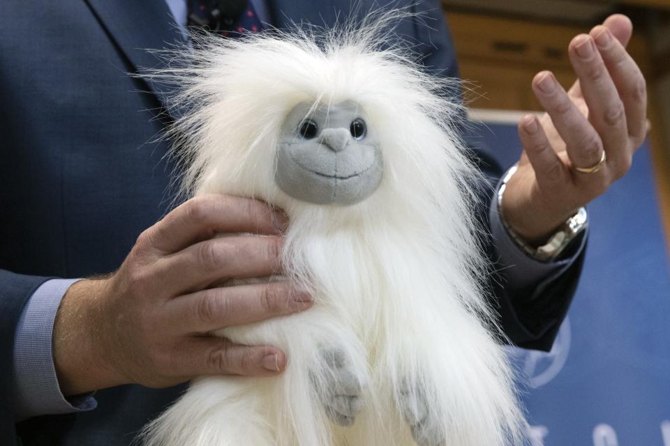 James Swartz, director of World Against Toys Causing Harm, talks about the dangers of a yeti teddy bear during a news conference unveiling the organization's list of worst toys for the holidays, Tuesday, Nov. 19, 2019, in Boston. (AP Photo/Michael Dwyer)