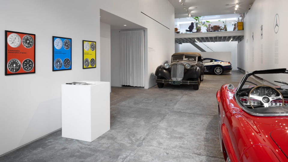 A 1961 Mercedes-Benz 300 SL Roadster, a 1937 Horch 853 Cabriolet and a 2006 Ferrari 599 GTB Fiorano “Panamerican 20,000" on display at the Morton Street Partners gallery space in Manhattan. 