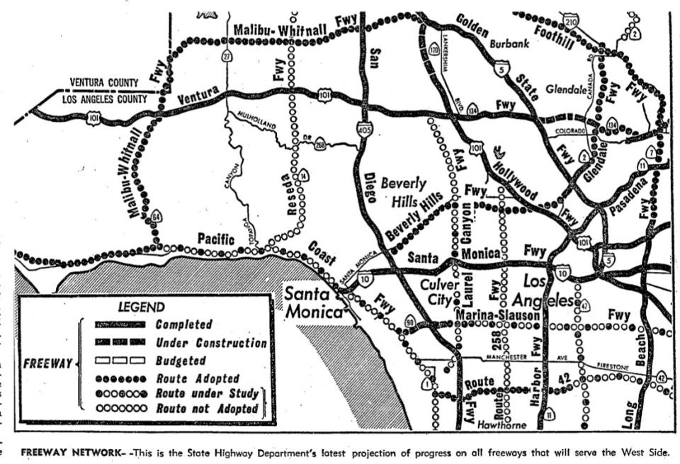 The caption on the map says it is the "latest projection of progress on all freeways that will serve the West Side."