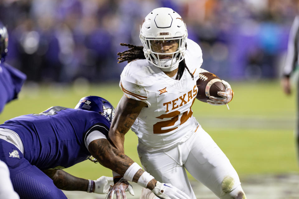 Texas Longhorns running back Jonathon Brooks was the first running back selected in the NFL Draft.  (Photo by Matthew Visinsky/Icon Sportswire via Getty Images)