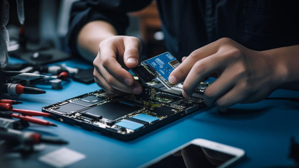 A close-up of a technician assembling a mobile wireless device.