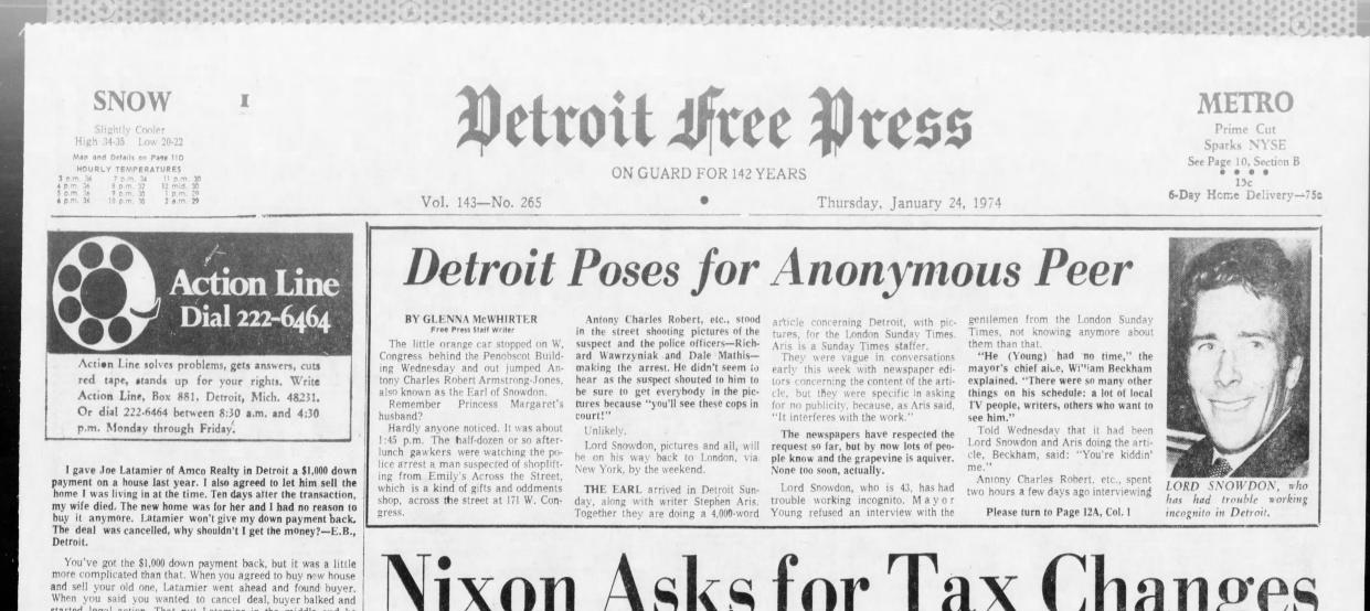 It was front page news in the Detroit Free Press in January 1974 when Queen Elizabeth's brother-in-law, Antony Charles Robert Armstrong-Jones, was arrested in Detroit.