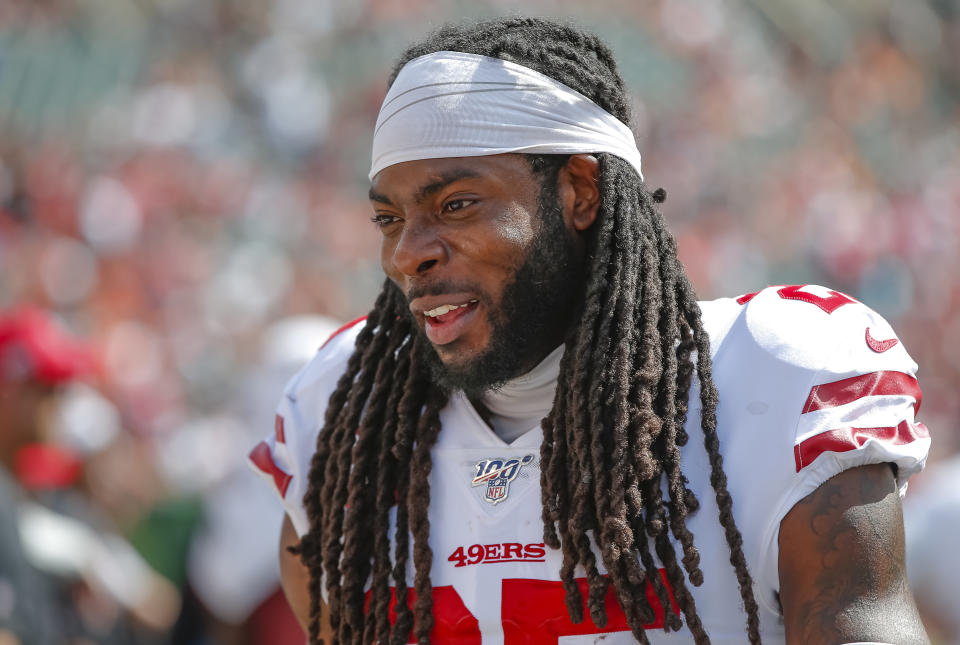 CINCINNATI, OH - SEPTEMBER 15: Richard Sherman #25 of the San Francisco 49ers is seen during the game against the San Francisco 49ers at Paul Brown Stadium on September 15, 2019 in Cincinnati, Ohio. (Photo by Michael Hickey/Getty Images)