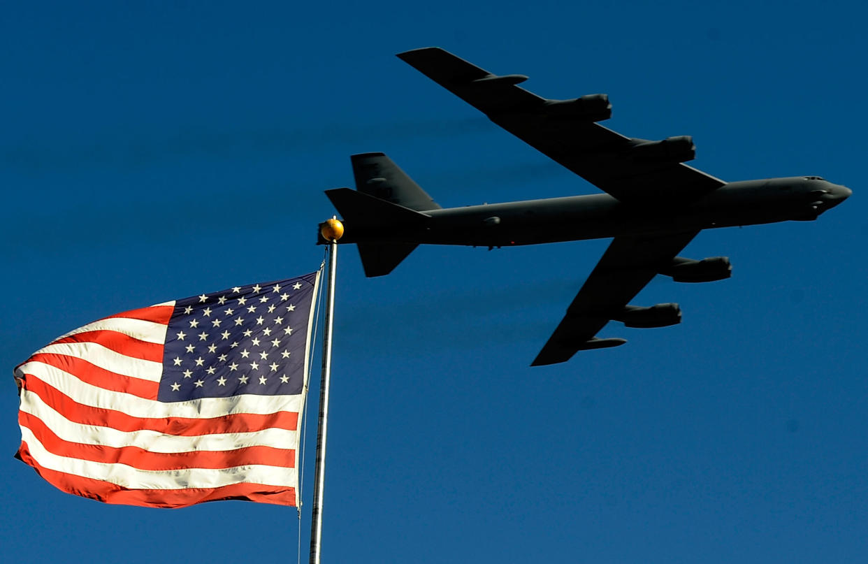 A B-52 bomber performs a flyover in Forth Worth, Texas: Rusty Jarrett/Getty Images for NASCAR