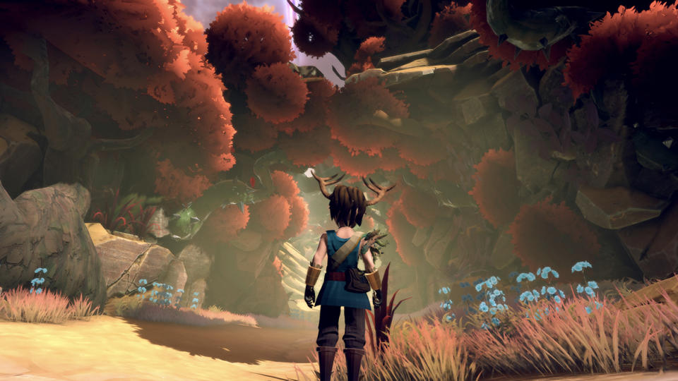 Cloudborn generative AI; a character stands in front of large red trees