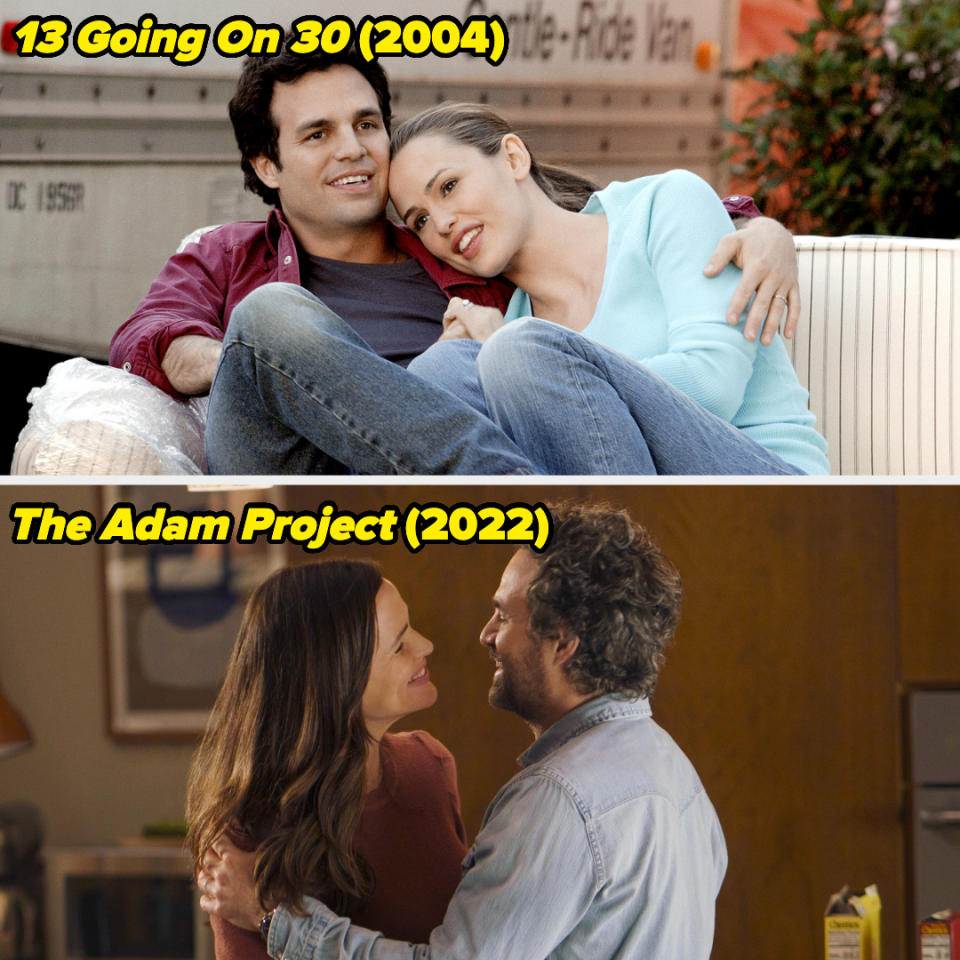 "13 Going on 30" scene with Jennifer Garner and Mark Ruffalo sitting together. "The Adam Project" scene with Jennifer Garner and Mark Ruffalo embracing