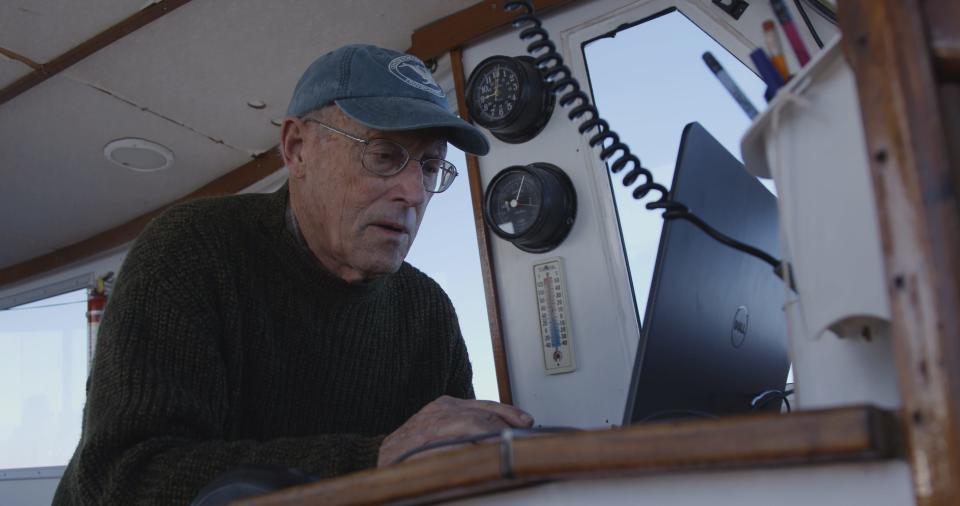 Researcher and pioneer whale rescuer Charles "Stormy" Mayo, co-founder of the Center for Coastal Studies in Provincetown, in a scene from "Last of the Right Whales."