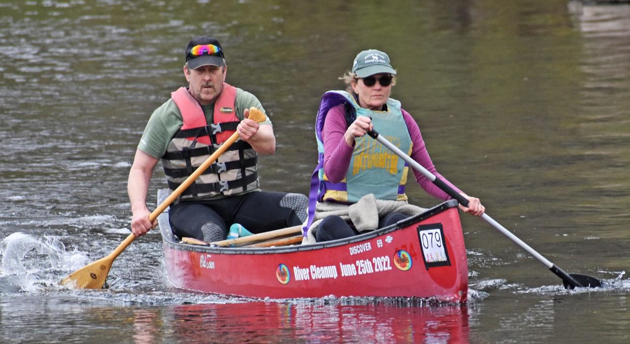 Harrison and Melody Balthaser have the checkered flag in sight last this year's Wayne County Canoe Classic, hosted by the Honesdale Area Jaycees.