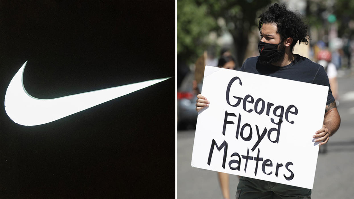 Nike (logo pictured left) and protester (pictured right) after the death of George Floyd.