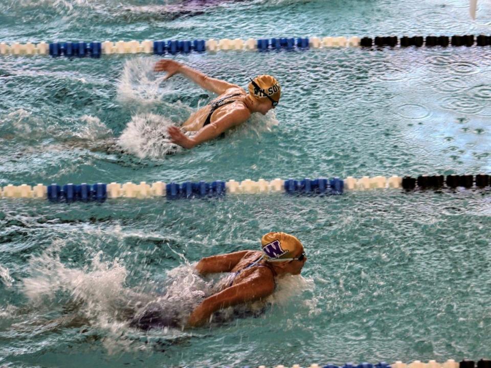 Wilson Memorial's McKenzie McWhorter (top) competing against Waynesboro's Naomi Blair in the Region 3C 100-yard butterfly Feb. 6.