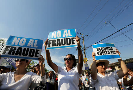 People hold signs reading "No to fraud" and "(Election) Run-off now" as they protest near the electoral council in Guayaquil, Ecuador February 20, 2017. REUTERS/Henry Romero