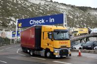 FILE PHOTO: Freight trucks move through the terminal at the Port of Dover
