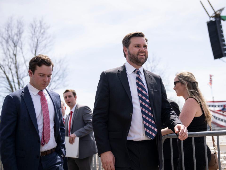 JD Vance arrives for a rally hosted by former President Donald Trump at the Delaware County Fairgrounds