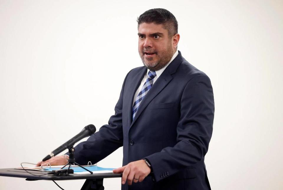 O.D. Wyatt High School Principal Armando Gallegos speaks during an event celebrating the opening of Chaparral THRIVE Market on Wednesday, January 31, 2024, in Fort Worth. The on-campus grocery store will provide access to nutritious food for students and their families.