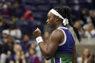 Sloane Stephens, of the United States, reacts to winning a point against Coco Gauff, of the United States, during the second round of the US Open tennis championships, Wednesday, Sept. 1, 2021, in New York. (AP Photo/John Minchillo)