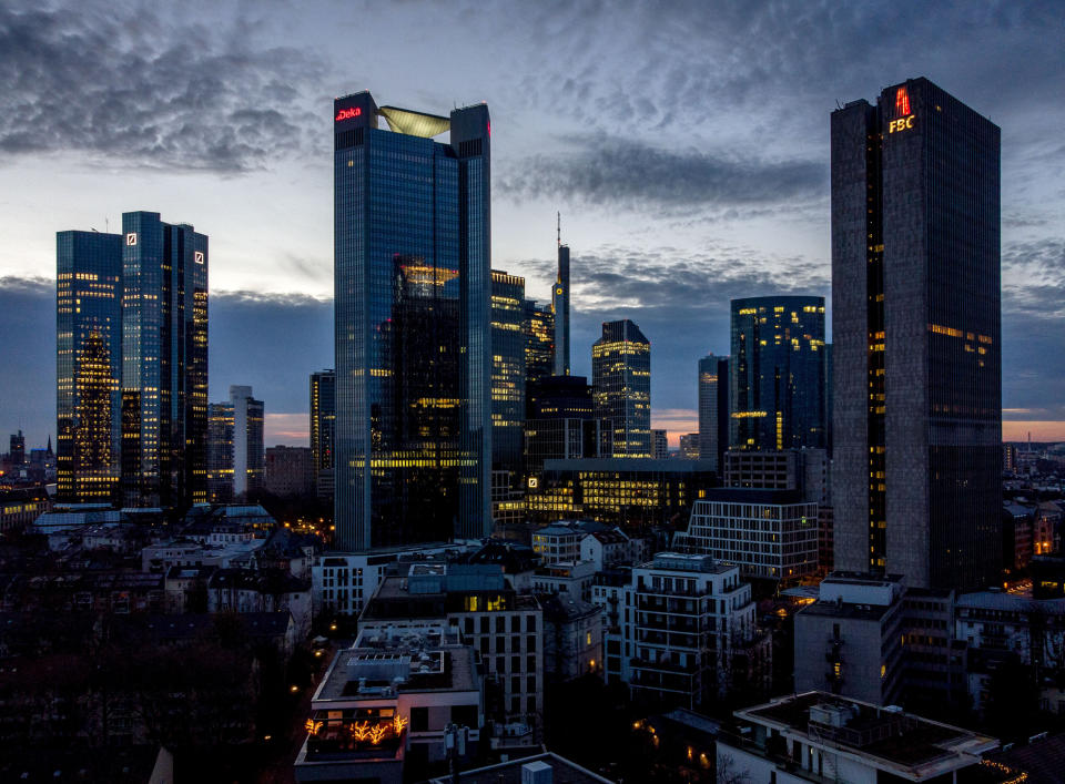 Frankfurt's banking distruct at dusk, Germany. Photo: Michael Probst/AP